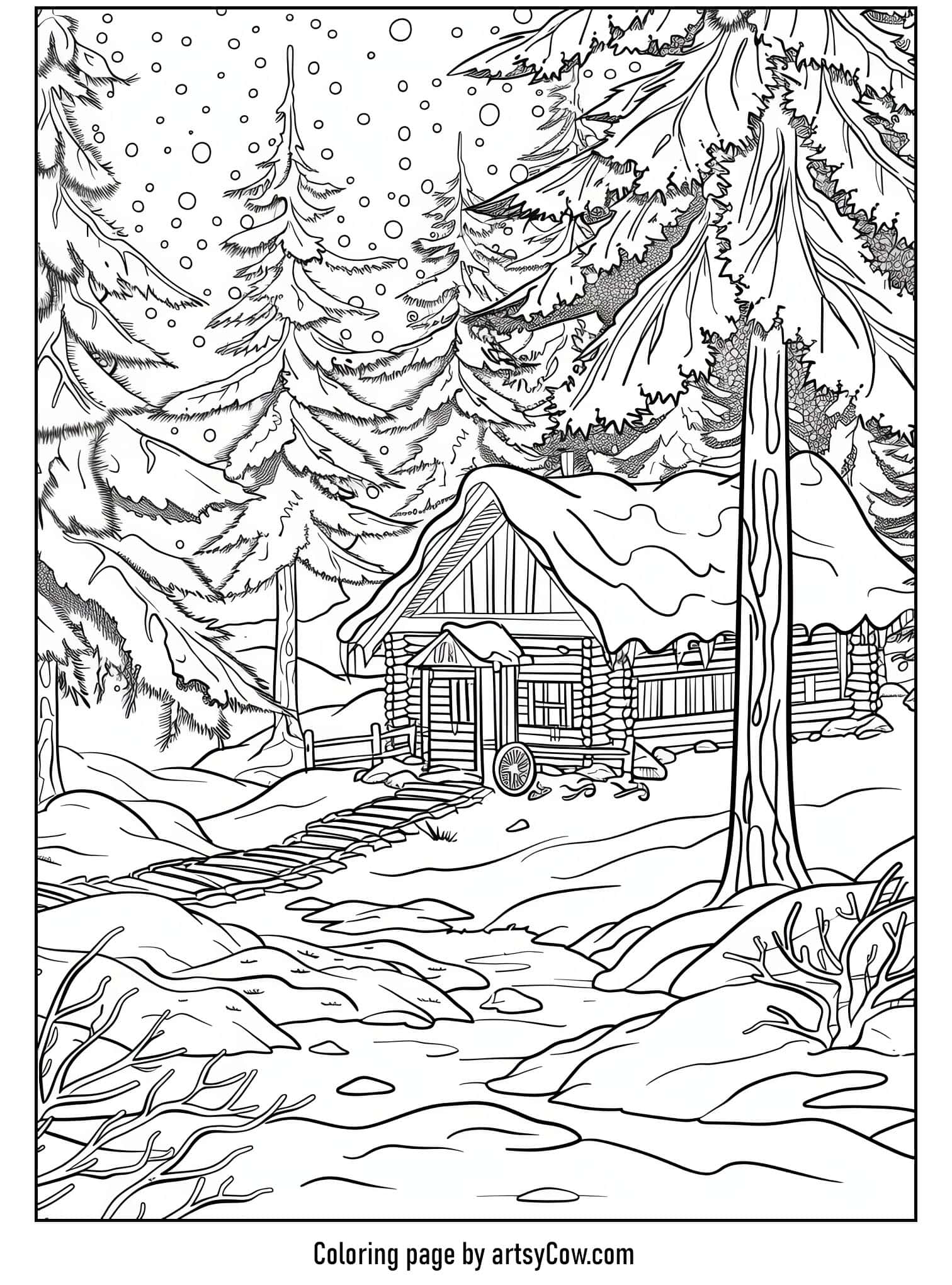 a snowy forest scene with a cozy cabin, tall trees, and falling snowflakes